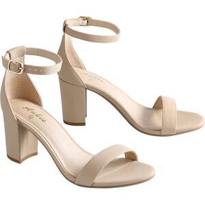 👑Women’s Nude Nubuck Open Toe Ankle Strap Chunky Heel Sandals w\ 2.75 Inch Heel